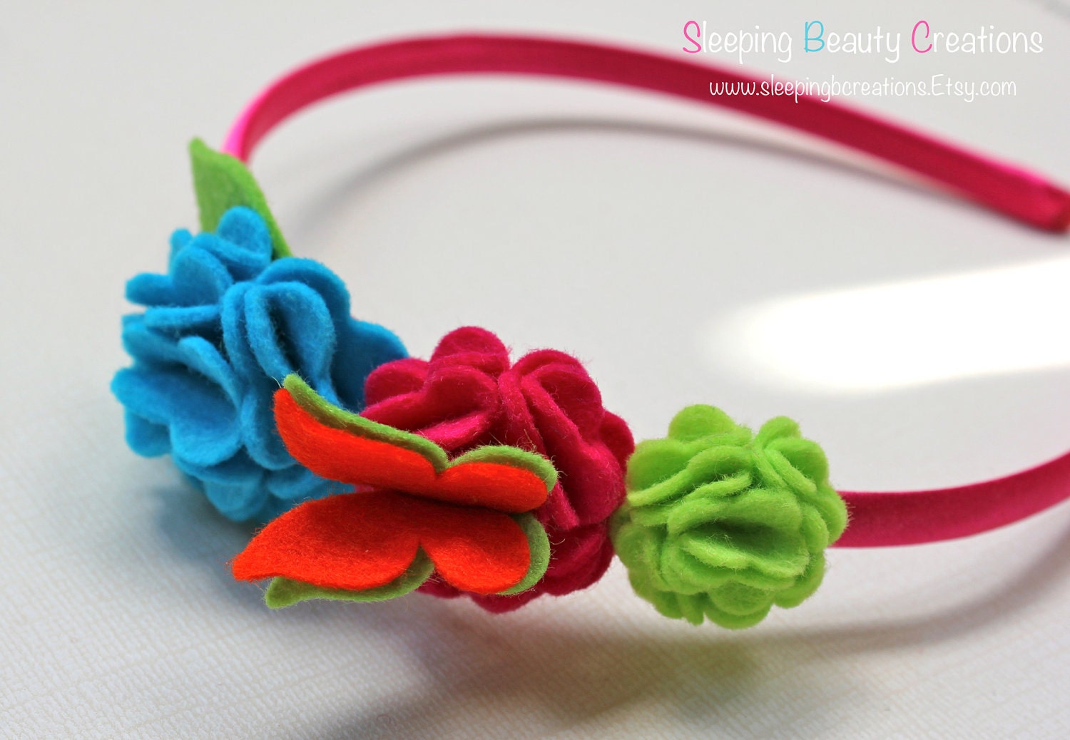 Summer Brights Carnations and Butterfly Headband- Neon Blue, Pink and Green- Wool Felt