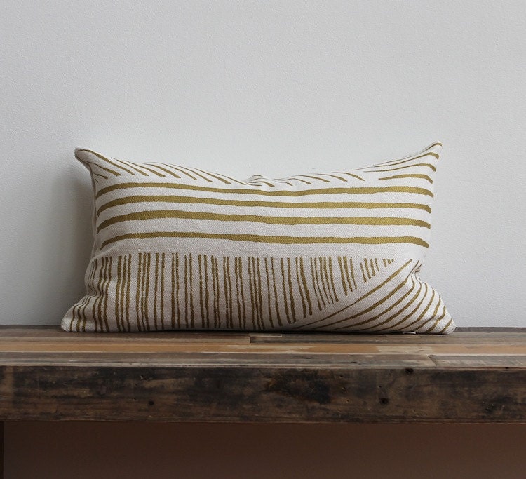 Metallic gold & off-white handprinted organic hemp pillow cover 12x21