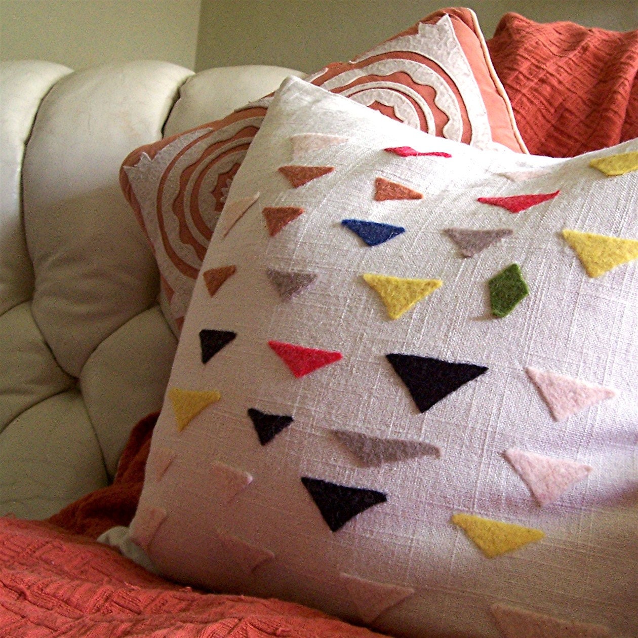 Felt Triangles Pillow Cover, Modern Design on Hopsack, Customized, Personalized, Made to Order