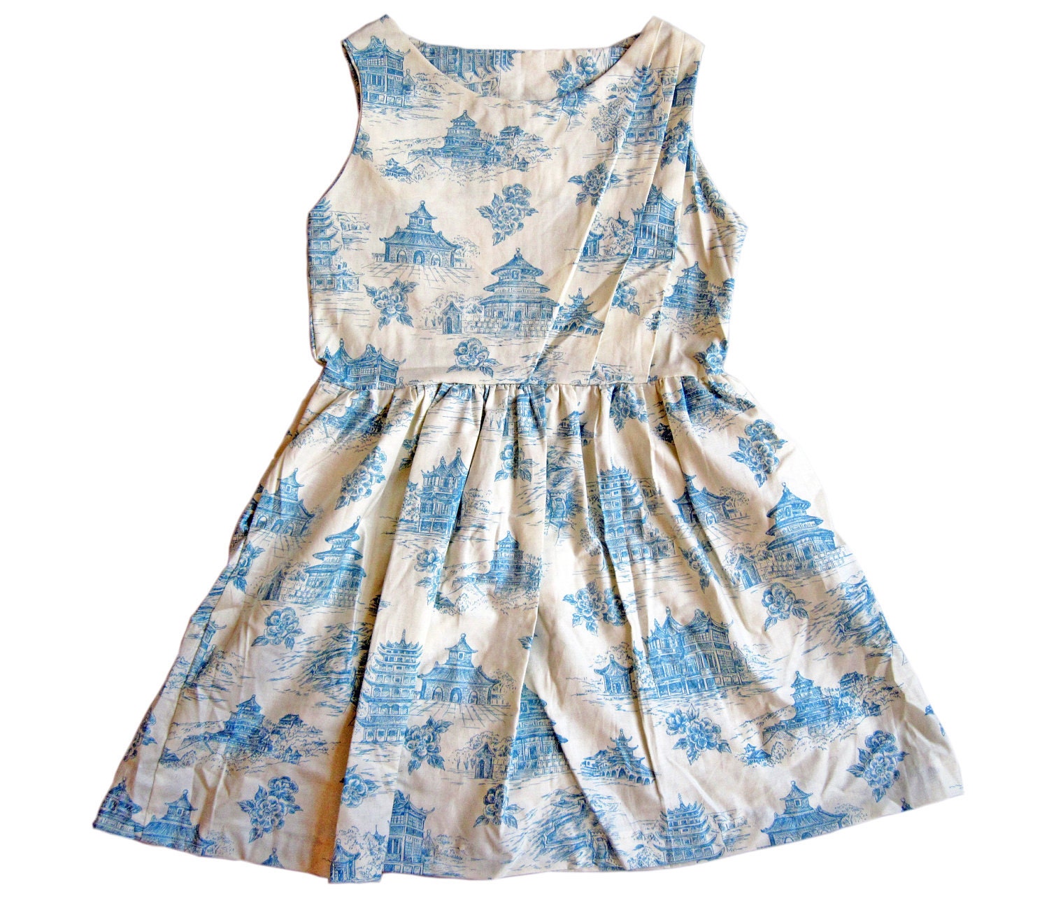 chinoiserie toile fit & flare pleated dress with pockets