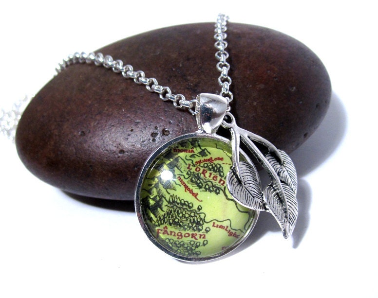 Lord of the Rings Map Necklace - Lorien and Fangorn Silver Necklace with Leaves