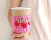 Coffee cup cozy  Pink with strawberries by The Cozy Project