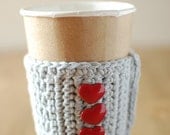 Coffee cozy, Gray with red heart buttons by The Cozy Project