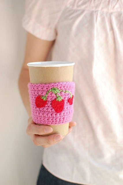 Coffee cup cozy  Pink with strawberries by The Cozy Project