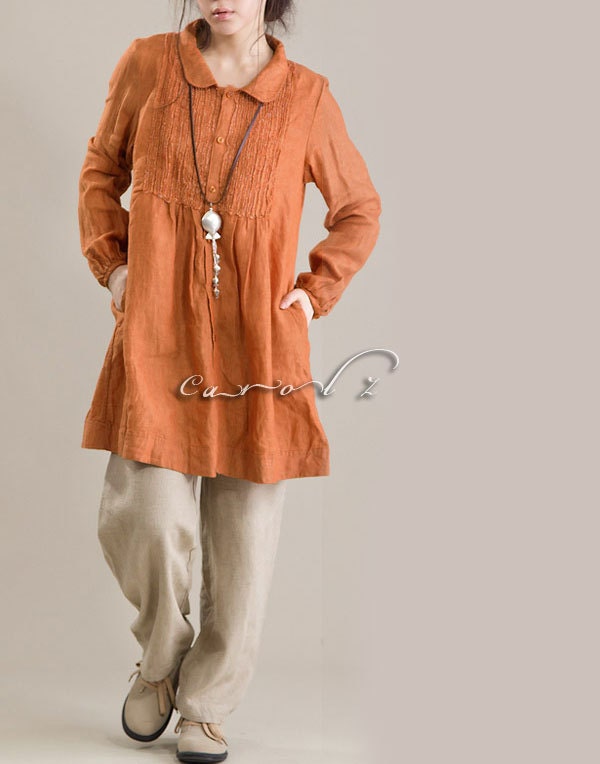 Top Shirt Womens Top Shirt Dress Womans Tunic Spring Blouse Linen Cotton Fashion Long Sleeves Pleated Plus Size Custom Made 1X 2X 3X