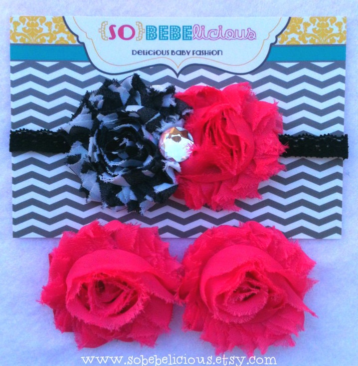 SALE Zebra Hot Pink & Black Lace elastic Headband Shabby Shoes set baby girl wild one jungle animal print size 0-5 5-12 12-18 months