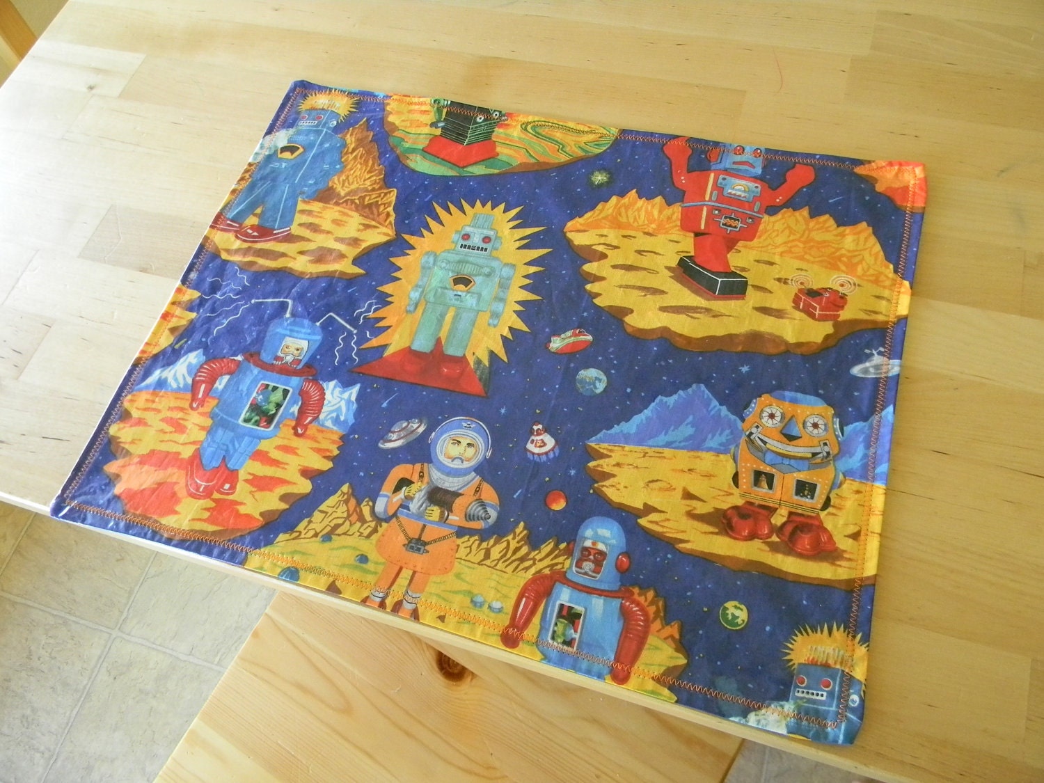 Children's Vinyl Placemat - Robots and Spaceships, Outer Space, Reversible