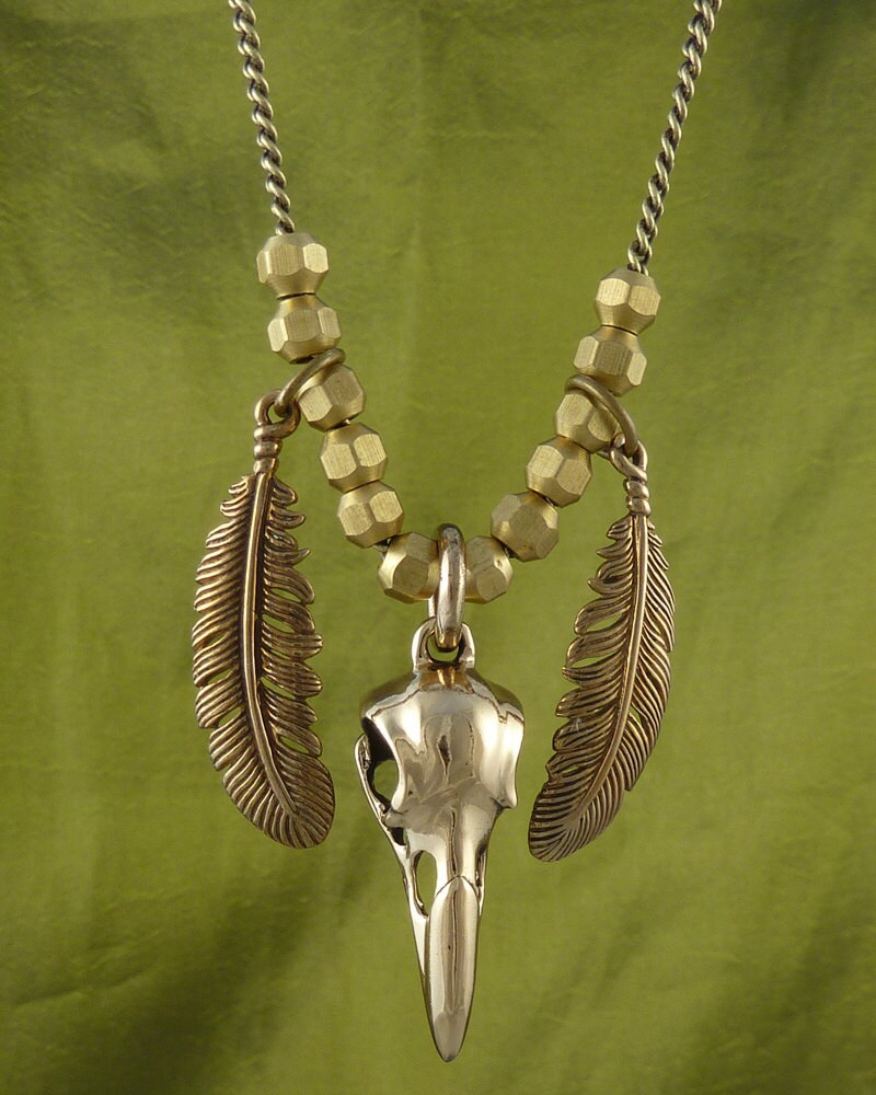 Raven Skull with Feathers Bronze Bird Skull and Feather Pendant on 20" Antique Bronze Chain