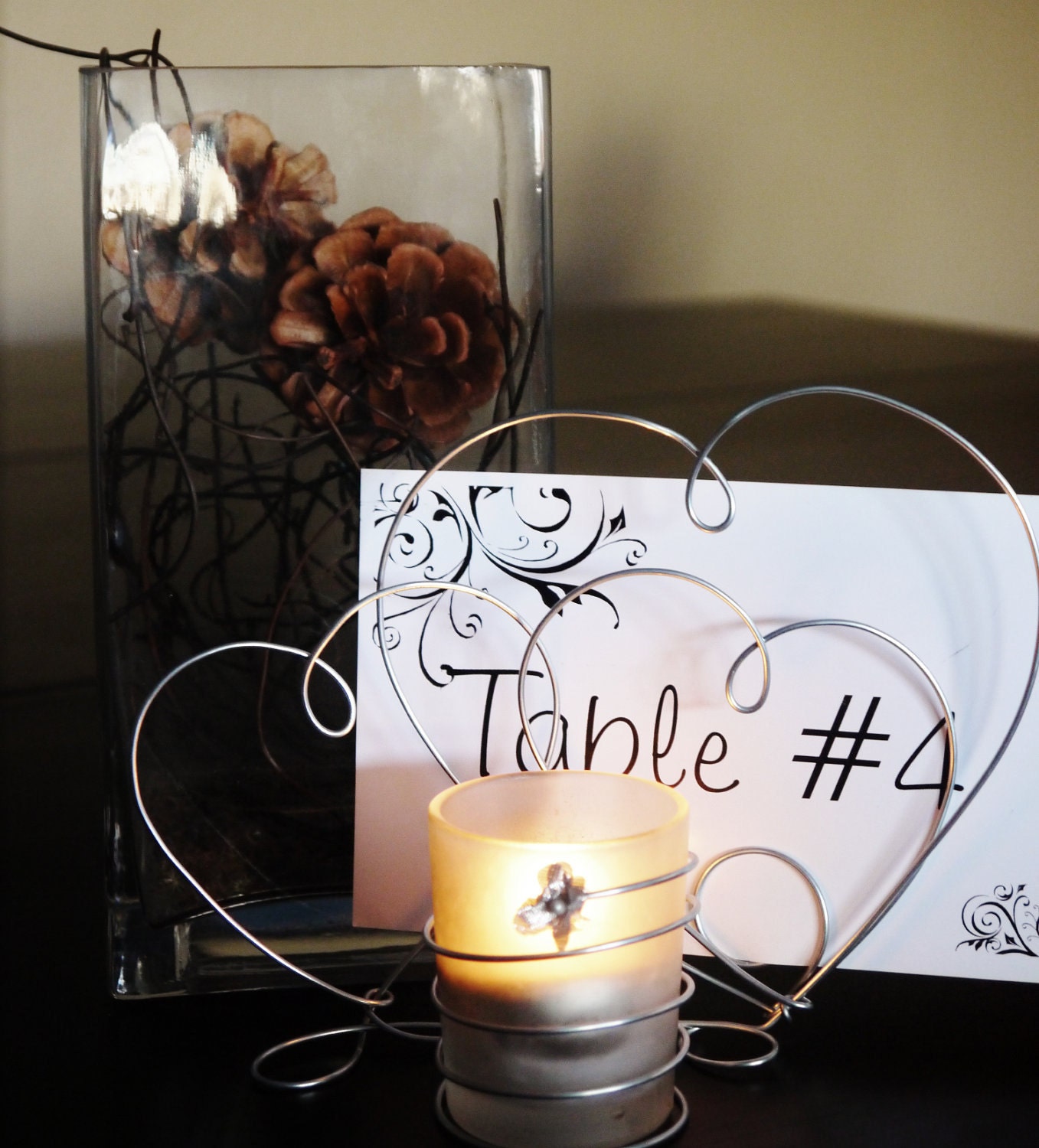 CandleHolder Centerpiece for Wedding Reception, Wire Hearts, Glass Votive Holders, Table Name Card, Table Decoration for Special Occasion