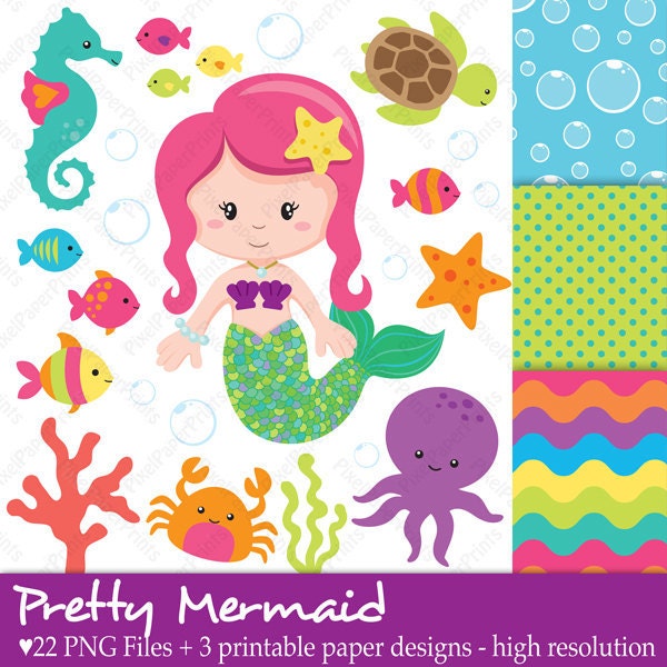 Pretty mermaid in 6 colors - Clip Art and Digital Paper set