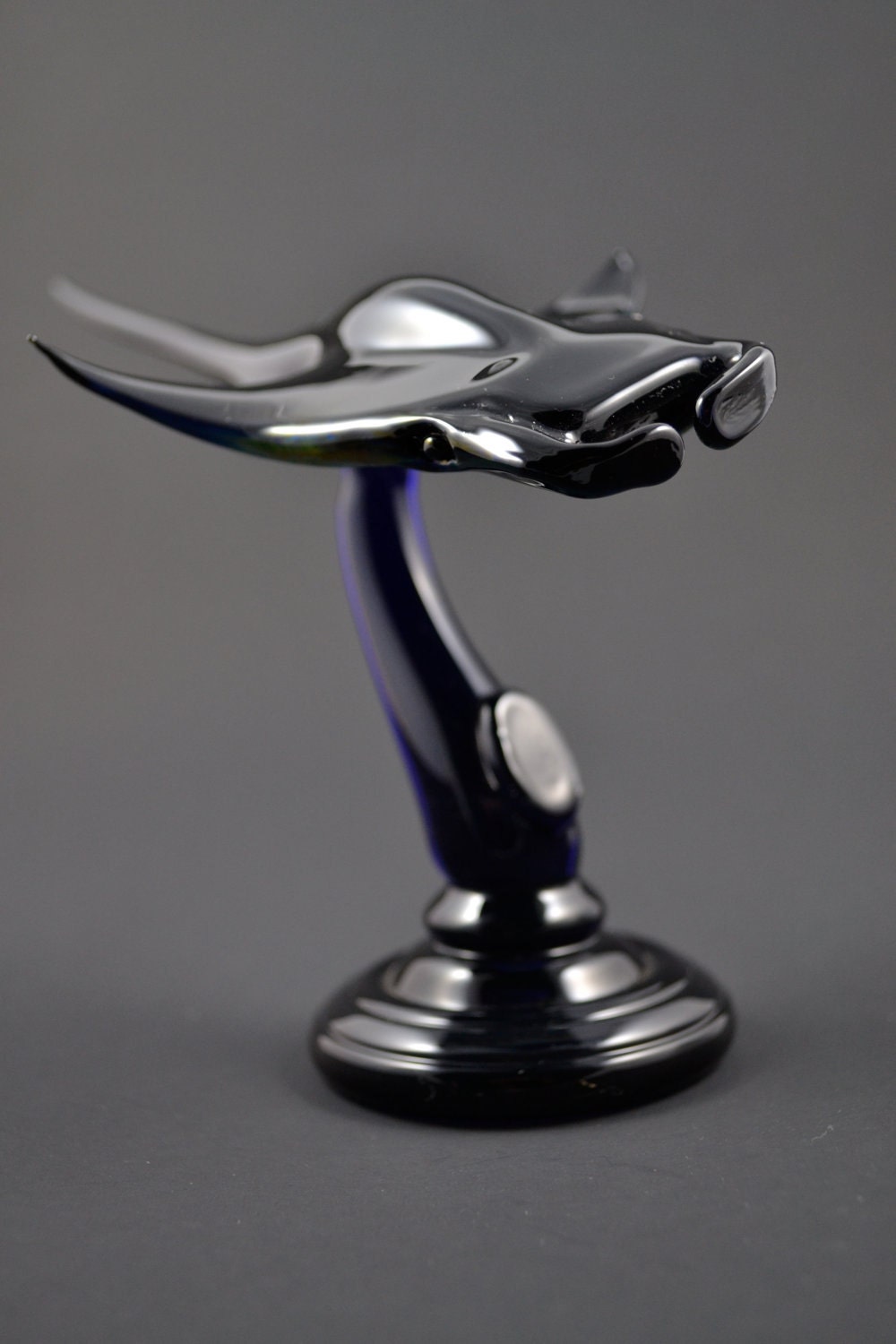 Sleek Glass Manta Ray on Glass Base, Lampwork Sculpture