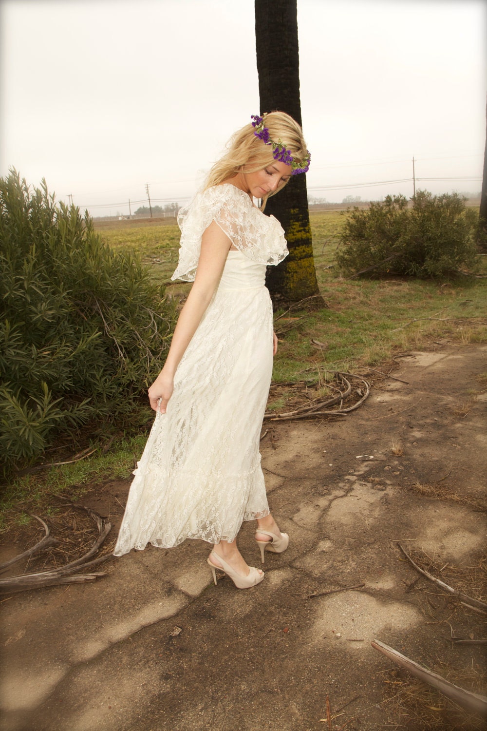 Vintage Wedding Gown Lace Ivory Ruffled 70s Bohemian Hippie Dress - Jude