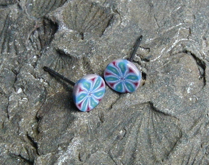 Green Blue Flower Millefiori Post Earrings