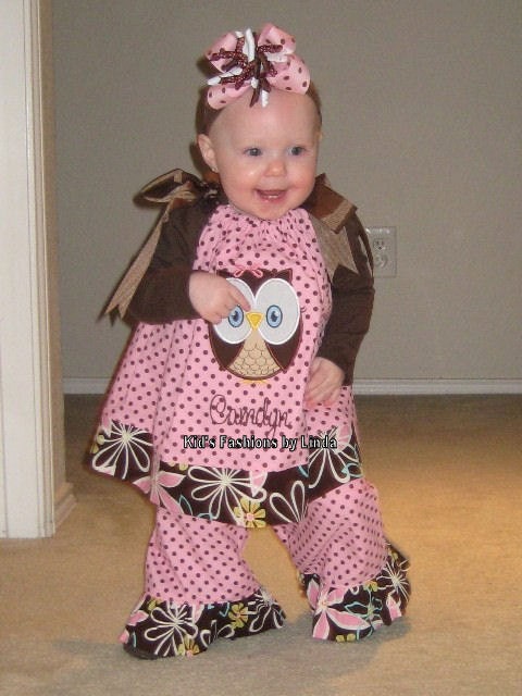 Pink/Brown Dots Pillowcase Dress with Flower Cuff with Owl Applique-Personalization NOT Included