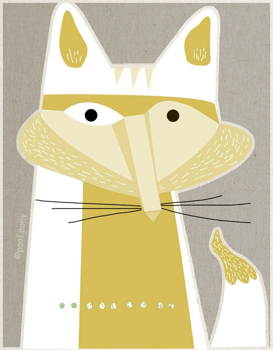 white fox - LARGE mid century design art print