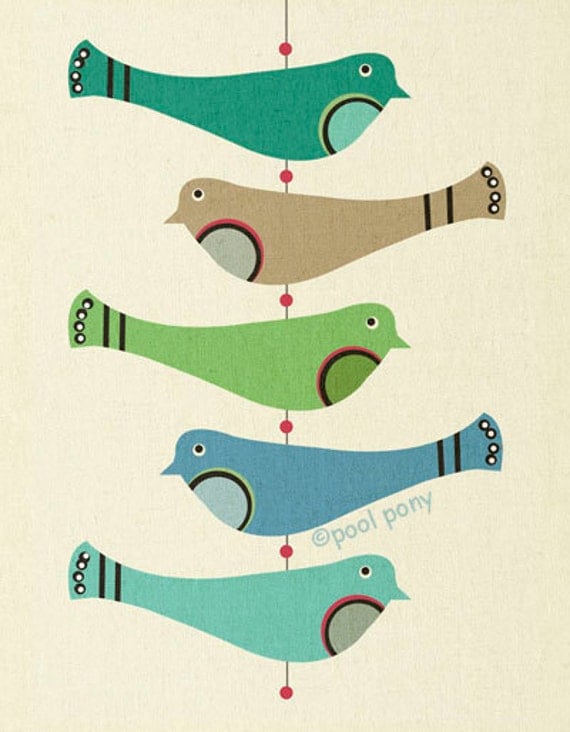 mid century modern inspired art print, bird mobile, by pool pony NEW EXTRA LARGE A2 size