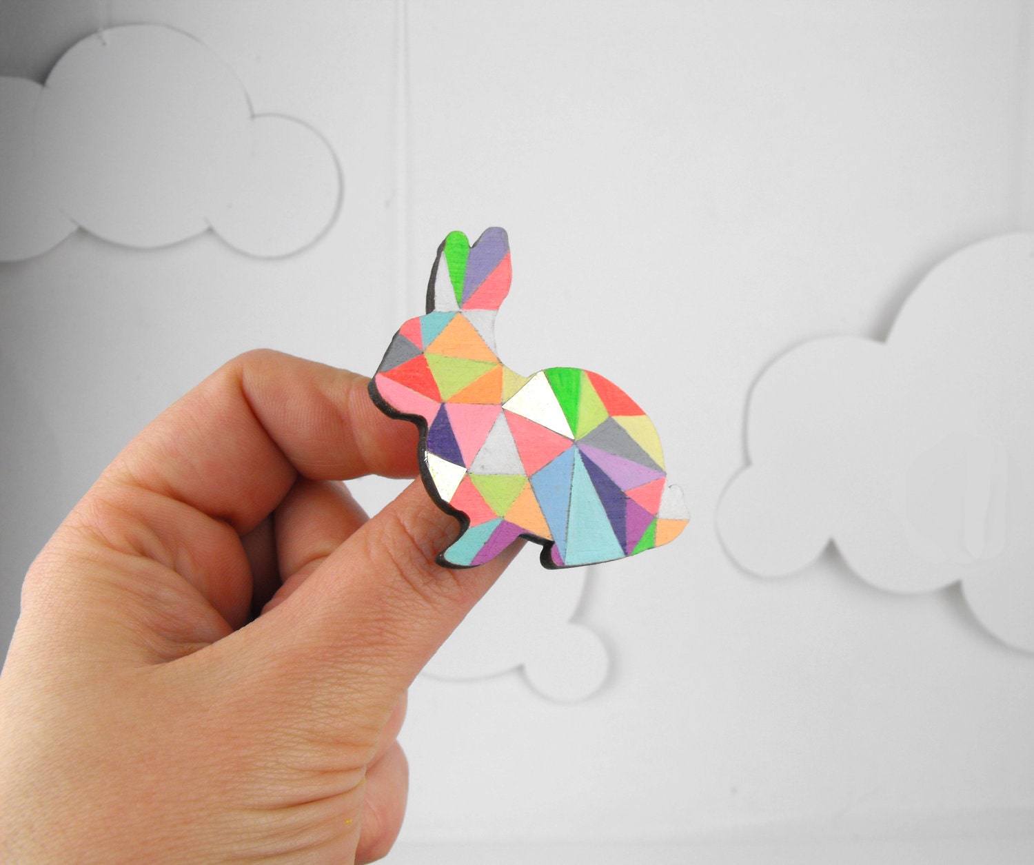 Geometric Rabbit Neon Brooch  -  Harlequin Bunny