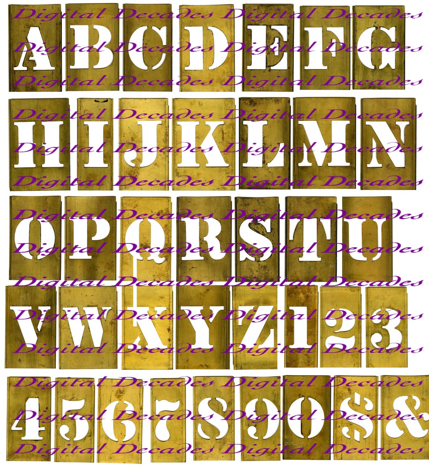 Digital Photo Images - Vintage Brass Metal Letters and Numbers Stencils - Font Type Typography Graphics - Digital Image