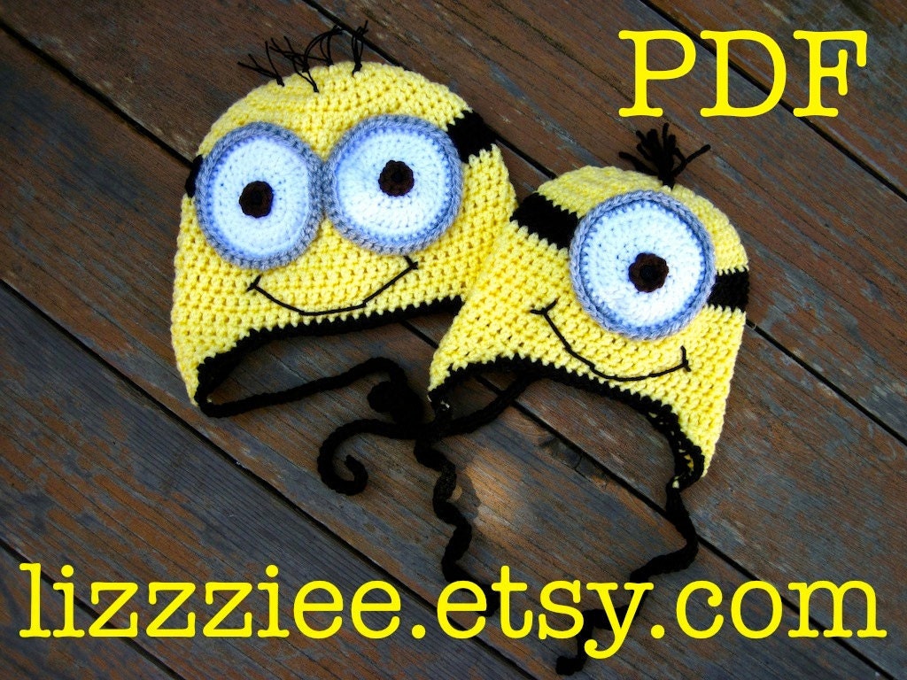Minion hat crochet pattern - despicable me - Easy to make. Complete instructions for beanie, earflap, braids in 6 sizes