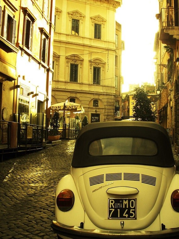 Vintage Rome in Yellow, Old Volkswagen Beetle, Italy Travel Photography - Fine Art 8x10" Matte Photography Print