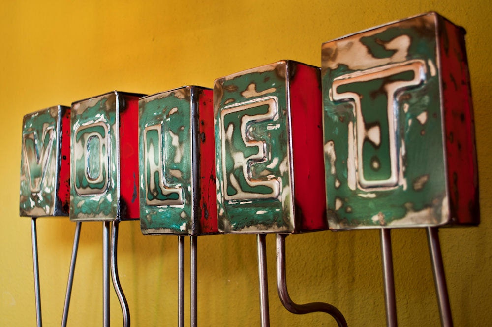 Letter V Original Metal Stand - Altered Vintage 1948 Chevrolet Tailgate - Ceramic Street Sign