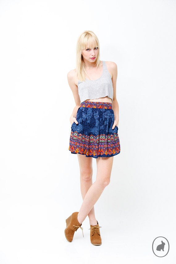 Vintage 80s Blue Tribal Print Mini Skirt - Hip Pockets - Spring Summer Fashion