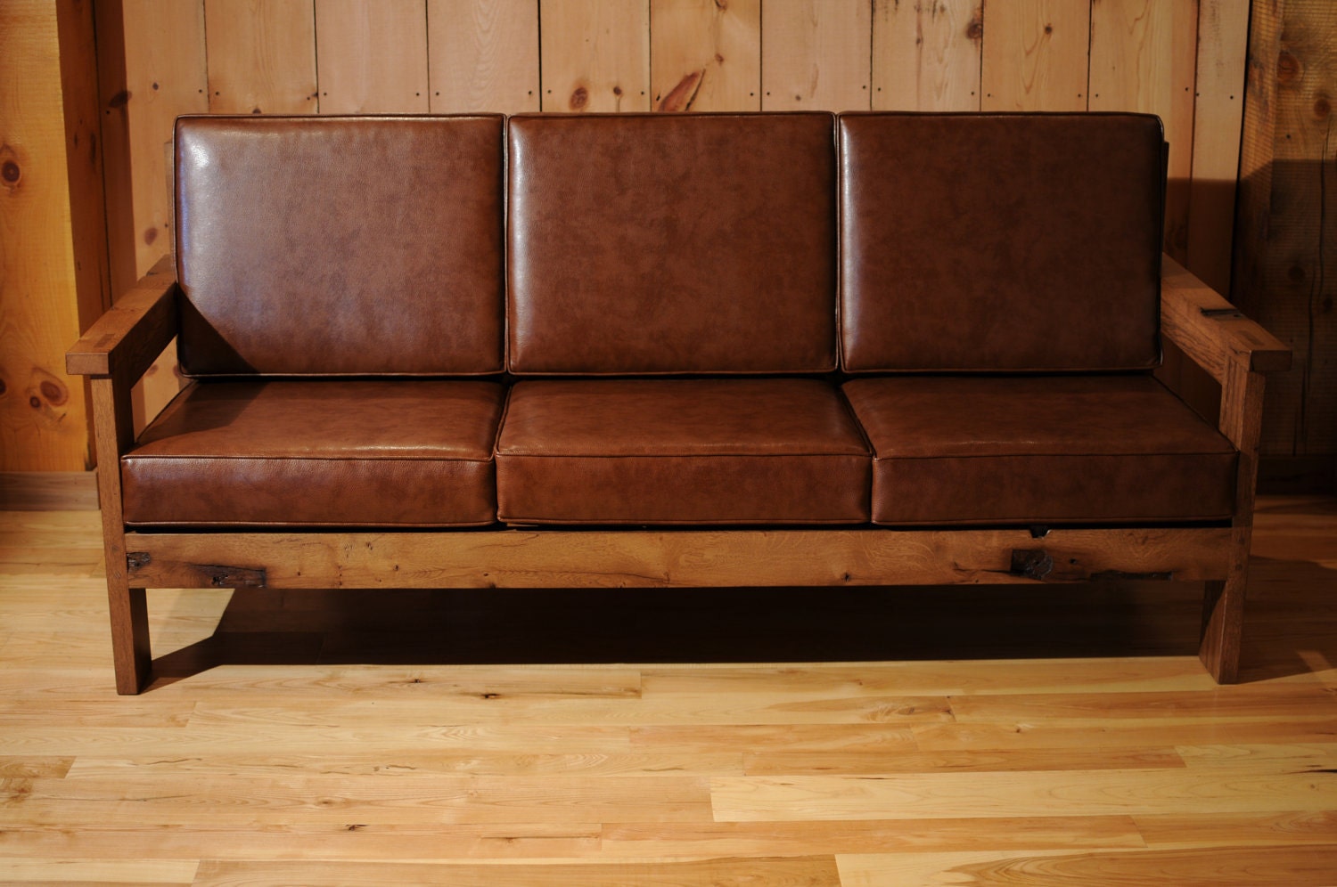 Wood Leather Sofa reclaimed oak Couch -- CUSTOM ITEM