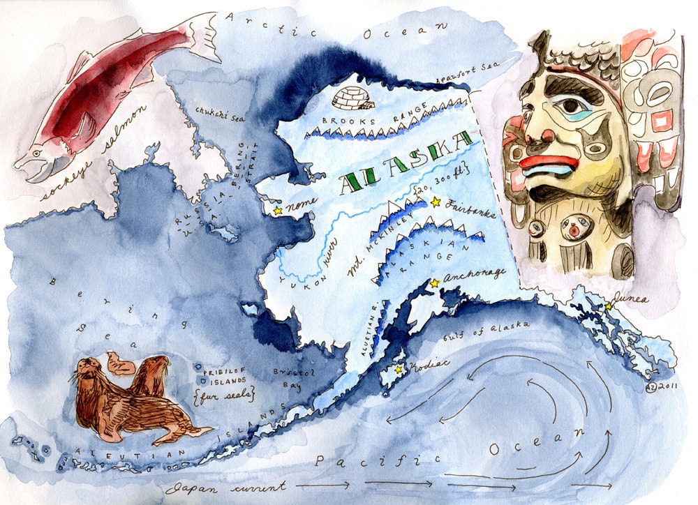 Alaska-Vibrant Original Watercolor Map-Archival Print