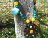Chakra Necklace with Tribal Pendant. Stunning Turquoise And Red Coral Teardrop Beads, Mesmerizing Malachite Beads.