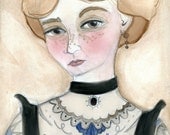 Miss Lydia the Tattooed Lady, A illustrated Victorian Lady Watercolor Portrait Art Print, (6x8)