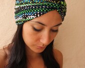 Tribal aztec turban twist headband- Black and neon