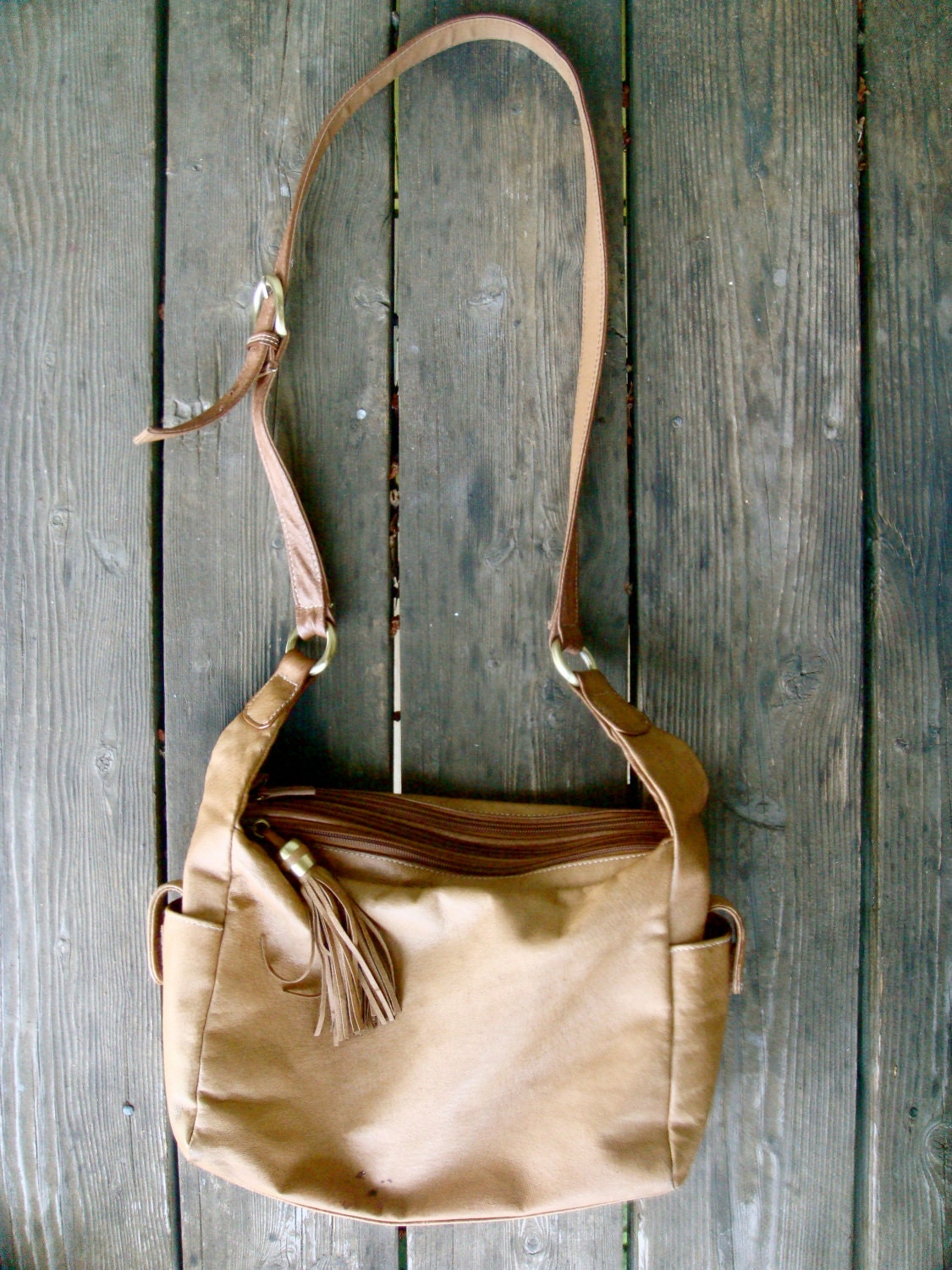 Vintage Leather Over the Shoulder Tan Fringe Bag with 3-Zip Pocket Openings.