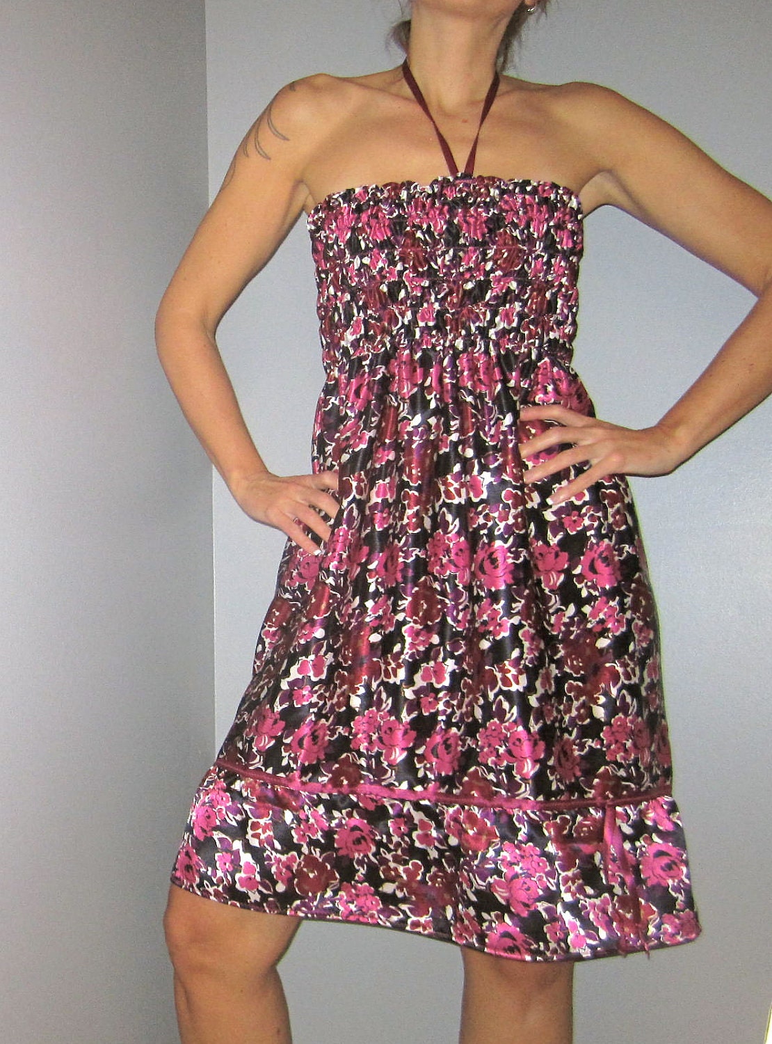 magenta floral satin dress