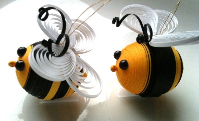 Bumble Bee Ornaments Paper Quilled in Black and Yellow