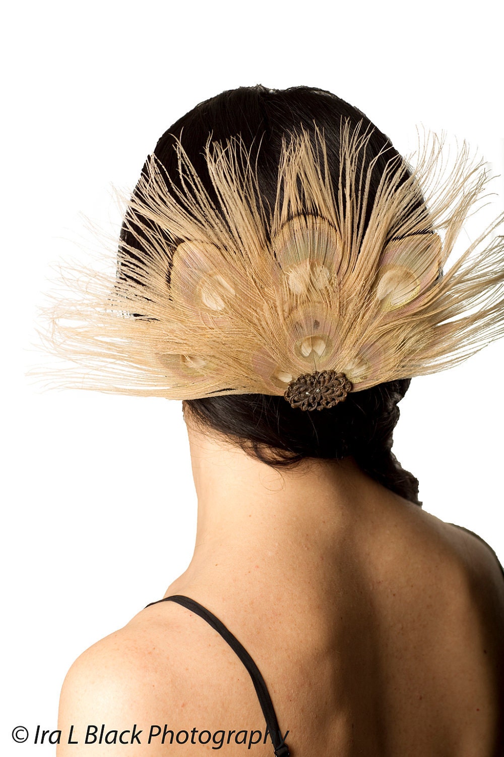 Bleached Peacock Feather Hair Clip With Vintage Medallion- Hair Accessory