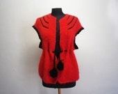 Crocheted Wool Jacket Vintage Handmade Clothing Black&Red Pompoms Vest