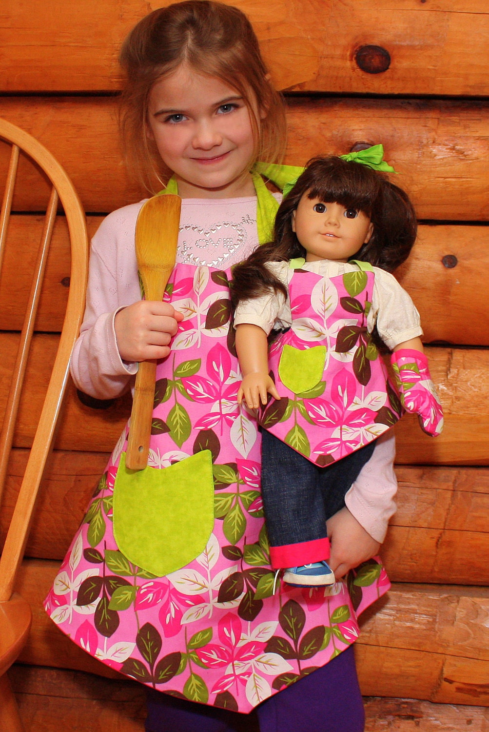 Girl Apron and Doll Matching Set in Pink Leaves
