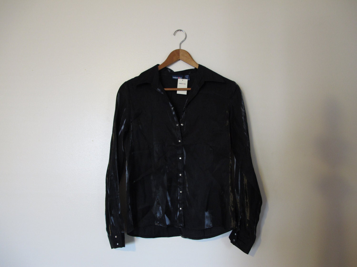 90s punk grunge shiny slinky fabric black top button down up blouse rhinestone buttons XS S limited too ltd2 rayon poly
