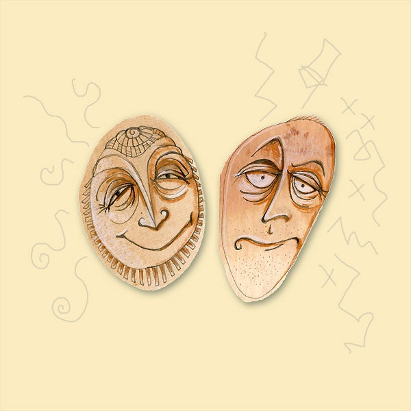 2 World Views - Emotion Face Art Print - Face Moods Print - Limited Edition Giclee Print - Whimsical Art Giclee Print