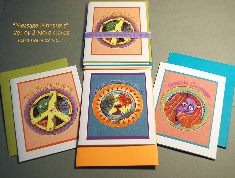 Monster Cards - Monster Art - Message Monsters Cards - Paper Goods - Stationery - Note Card and Envelope - SET of 3 - Cute Monsters