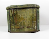 Antique Dutch Hinged Tin Box  Windmill Sailing Ships Bridge Village Houses Scenes Blue Flowers