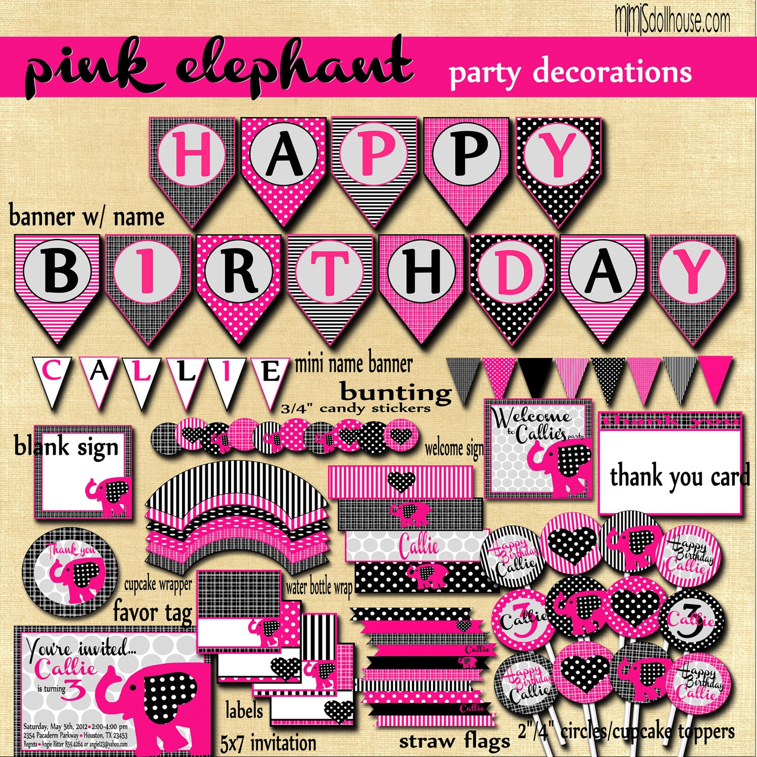 Pink Elephant Party Decorations- Printable Pink Elephant Party Decorations PDF/JPEG