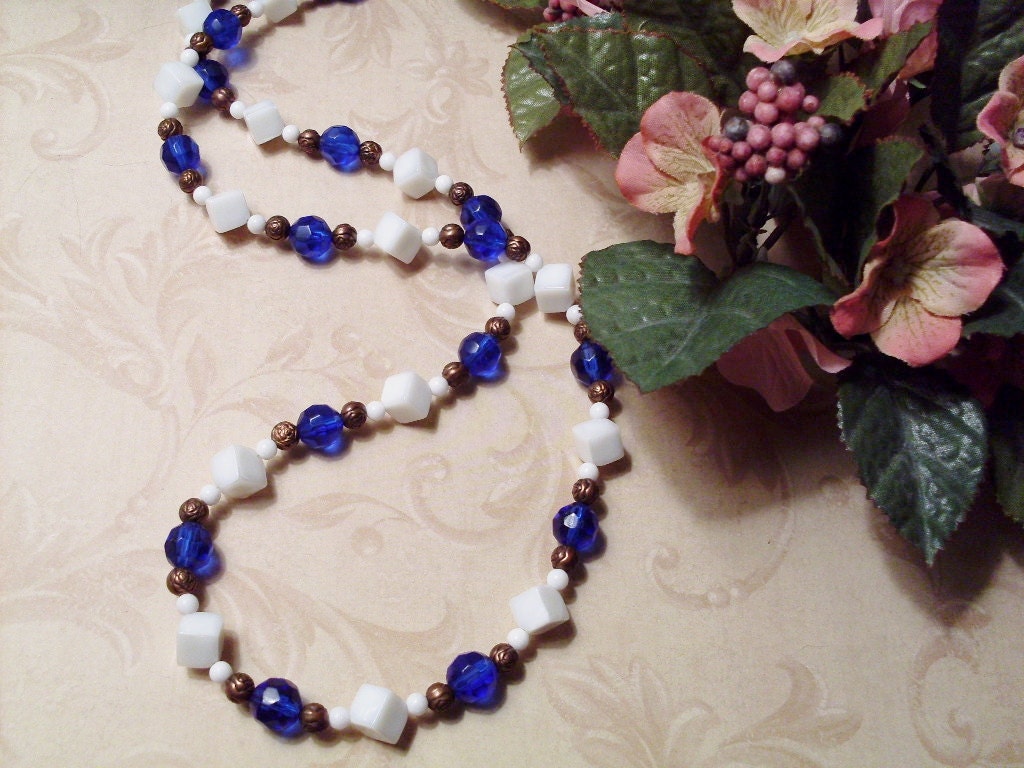 White Jade and Royal Blue Glass Long Necklace