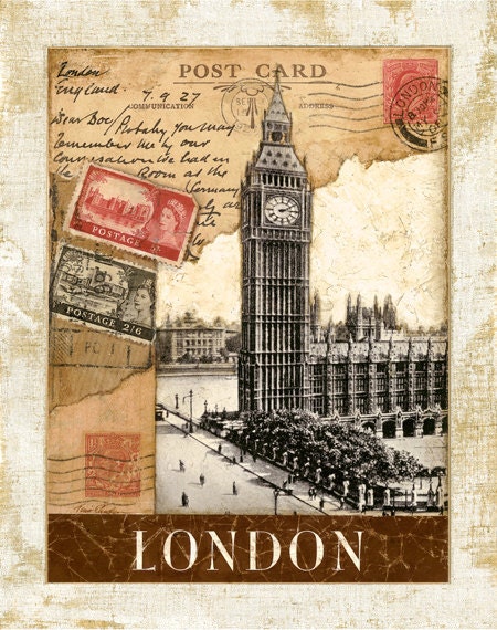 London Postmark , Big Ben Clock Tower 11"x14"