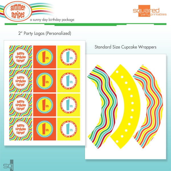 Pool Party Cupcake Kit - Cupcake Wrappers and Printable Birthday Party Logo Package - DIY Print - Summer Stripes - Beach Il_570xn