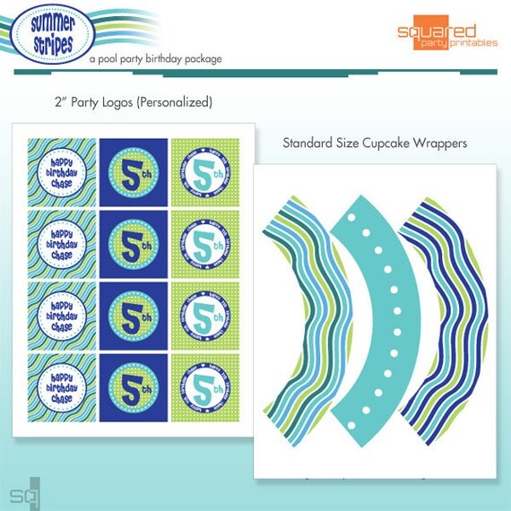 Pool Party Cupcake Kit - Cupcake Wrappers and Printable Birthday Party Logo Package - DIY Print - Summer Stripes - Ocean Il_570xn