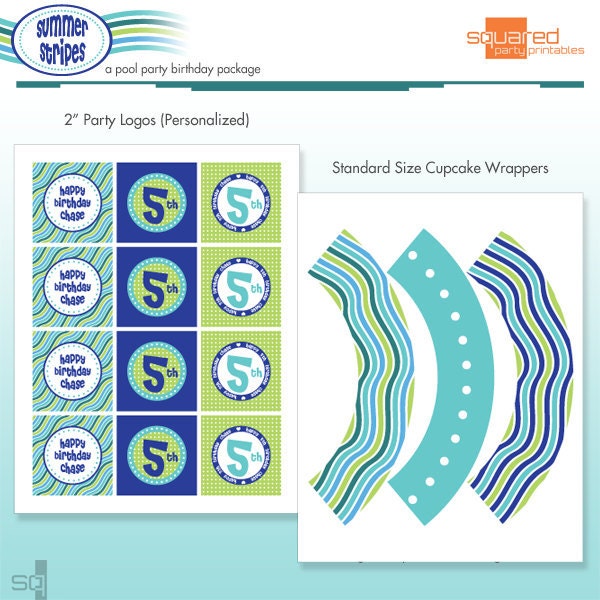 Pool Party Cupcake Kit - Cupcake Wrappers and Printable Birthday Party Logo Package - DIY Print - Summer Stripes - Ocean