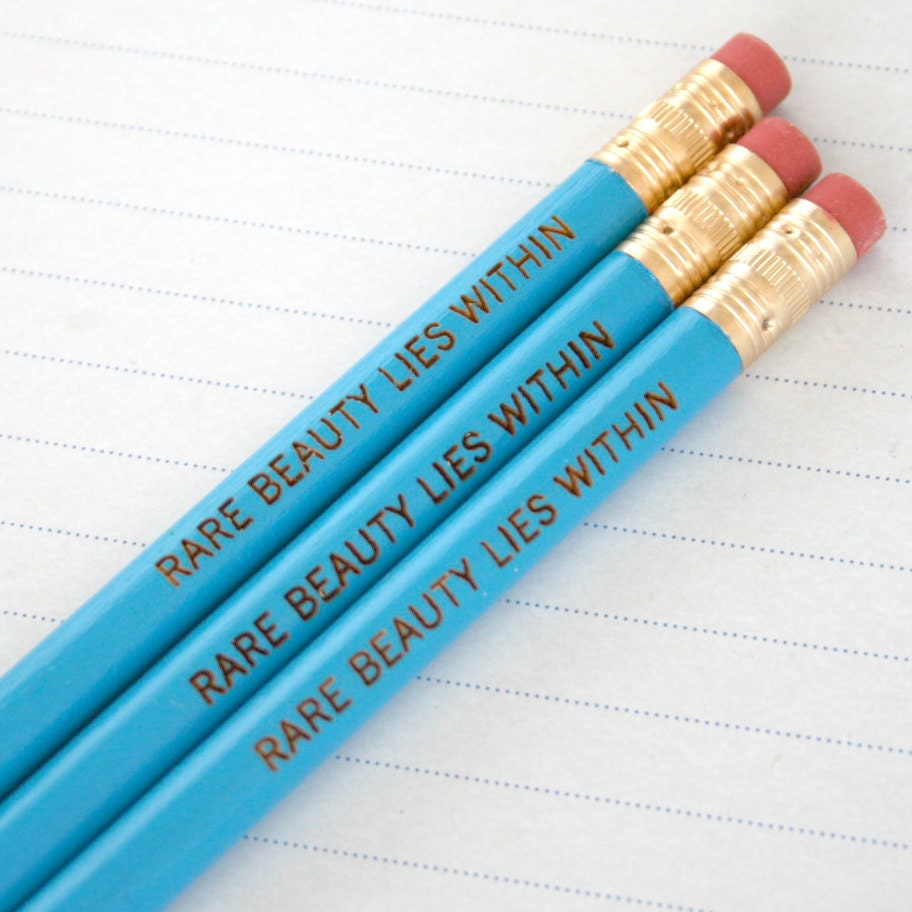 rare beauty lies within. pencil set of three blue pencils. back to school supplies