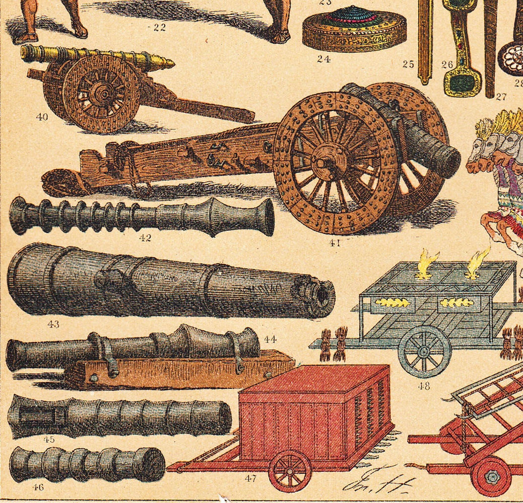 Chinese Utensils, Transport and Weapons Antique Chromolithograph 1894