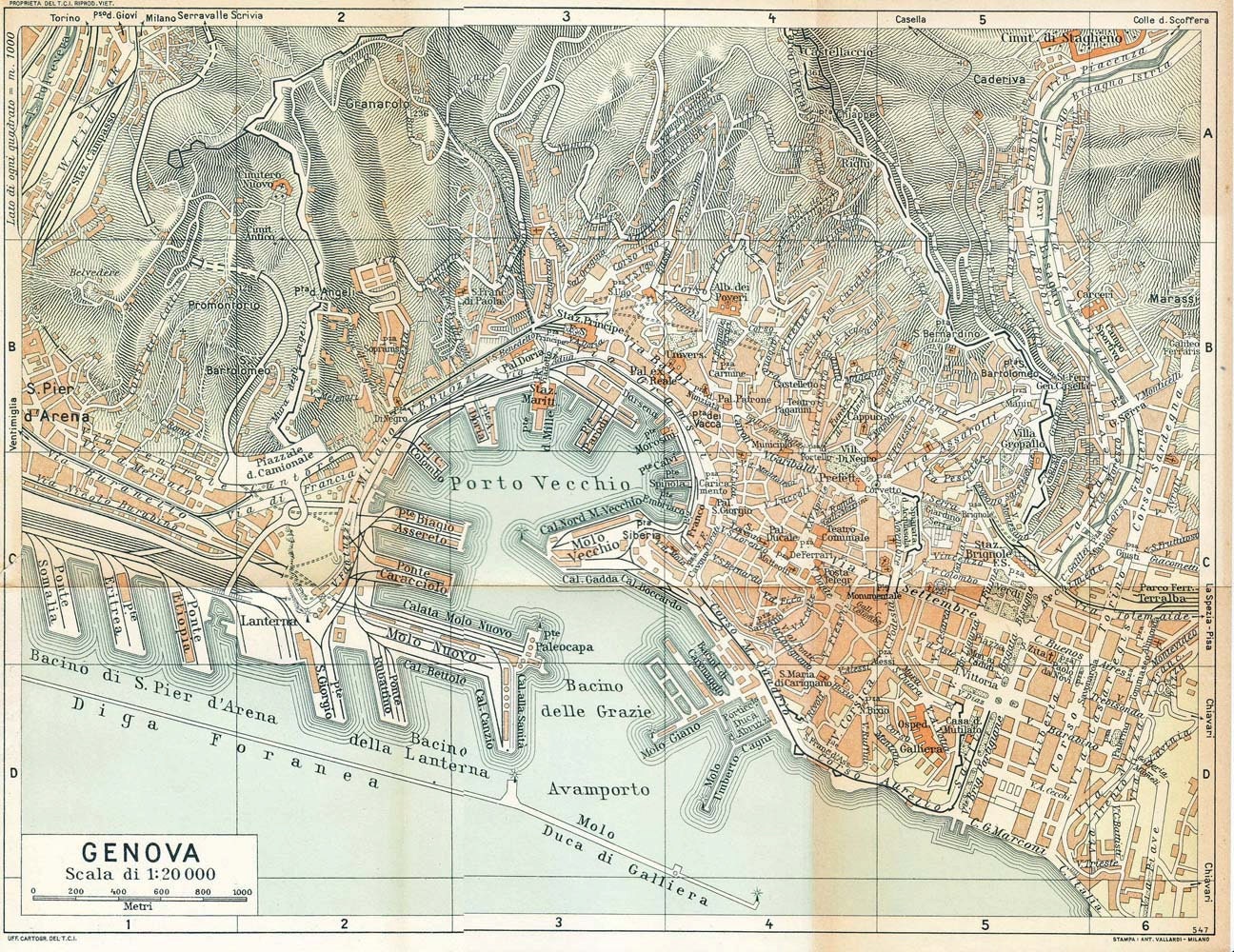 1949 Genoa City Plan, Italy, Genova Street Map, Port